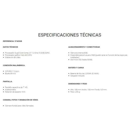 Tablet digital SPC 7" GLEE 7 blanca